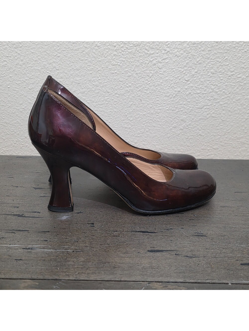 Anyi Lu Handmade Italy Burgundy Patent Leather Flared Heel Womens Pumps 38 7.5